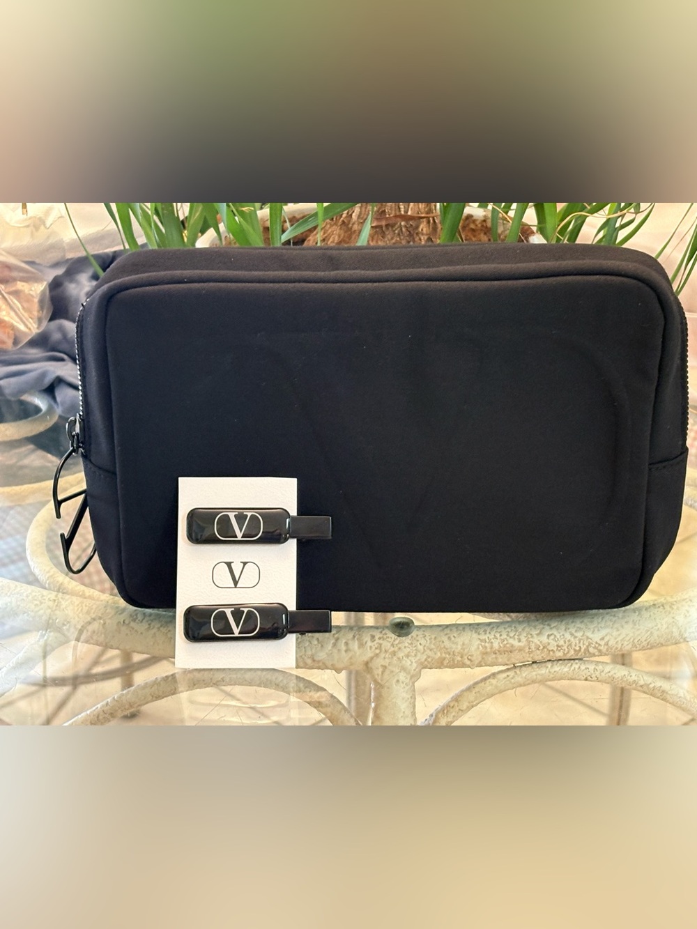 Valentino Garavani Black Nylon Pouch with Logo Zipper Pull and 2 Hair Clips